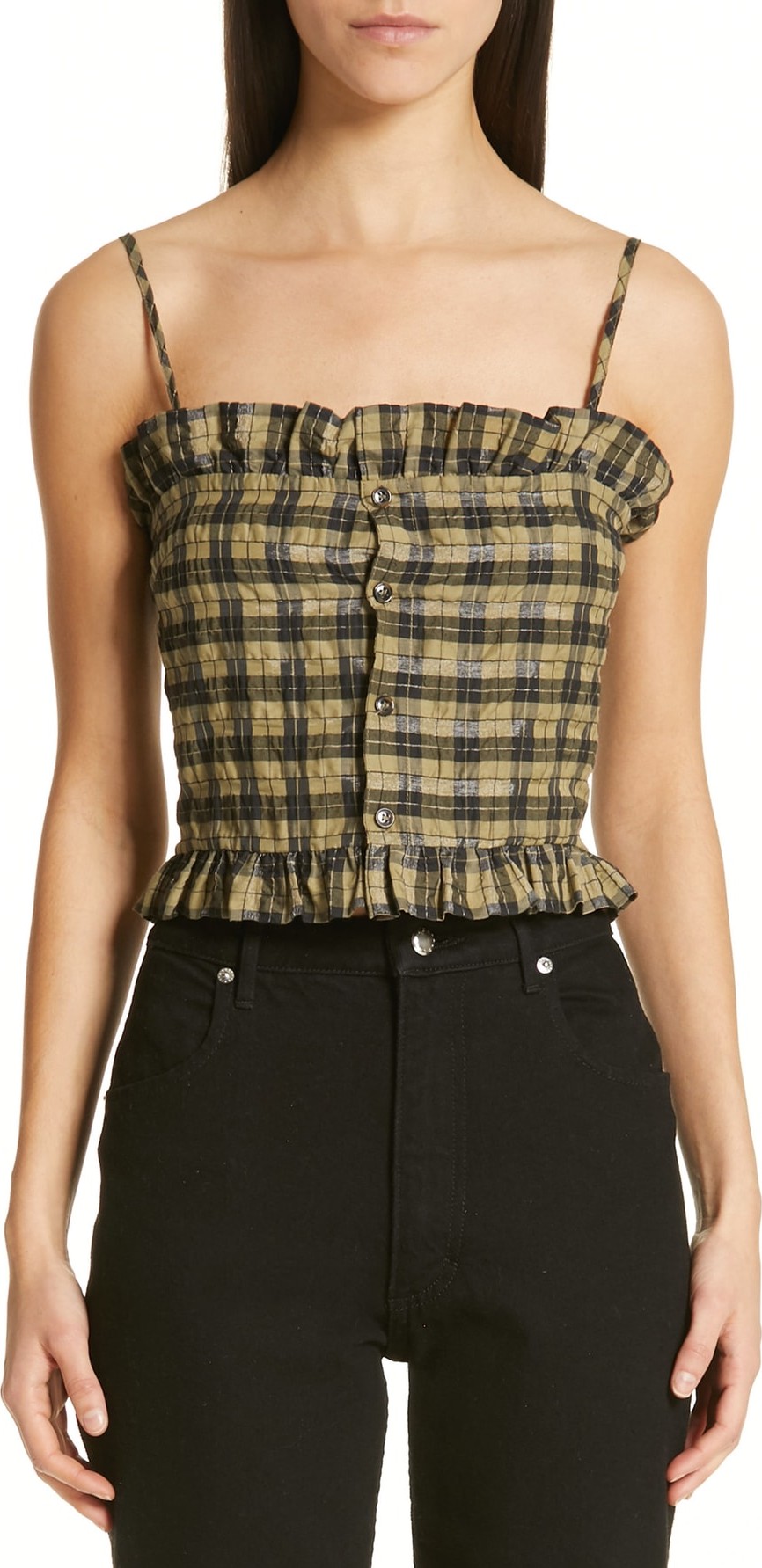 Ganni Seersucker Check Sleeveless Top
