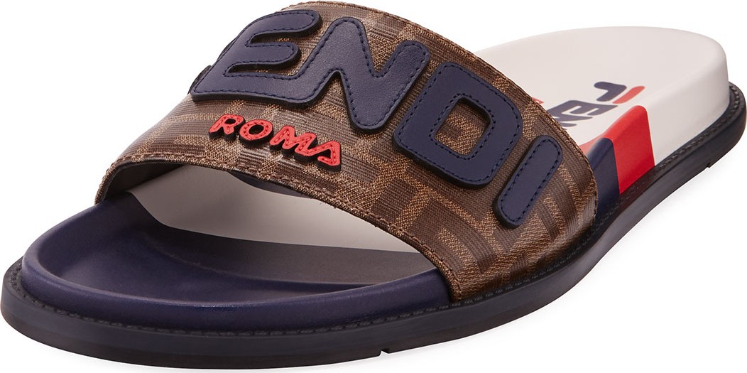Fendi Men's Fendi Mania Logo-Applique Leather Slide Sandal