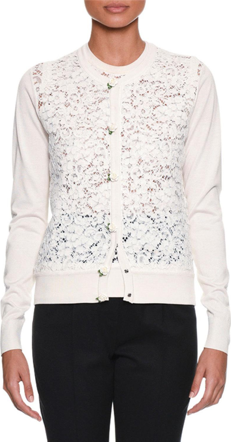 Dolce & Gabbana Long-Sleeve Button-Front Rose Lace Front Knit Cardigan