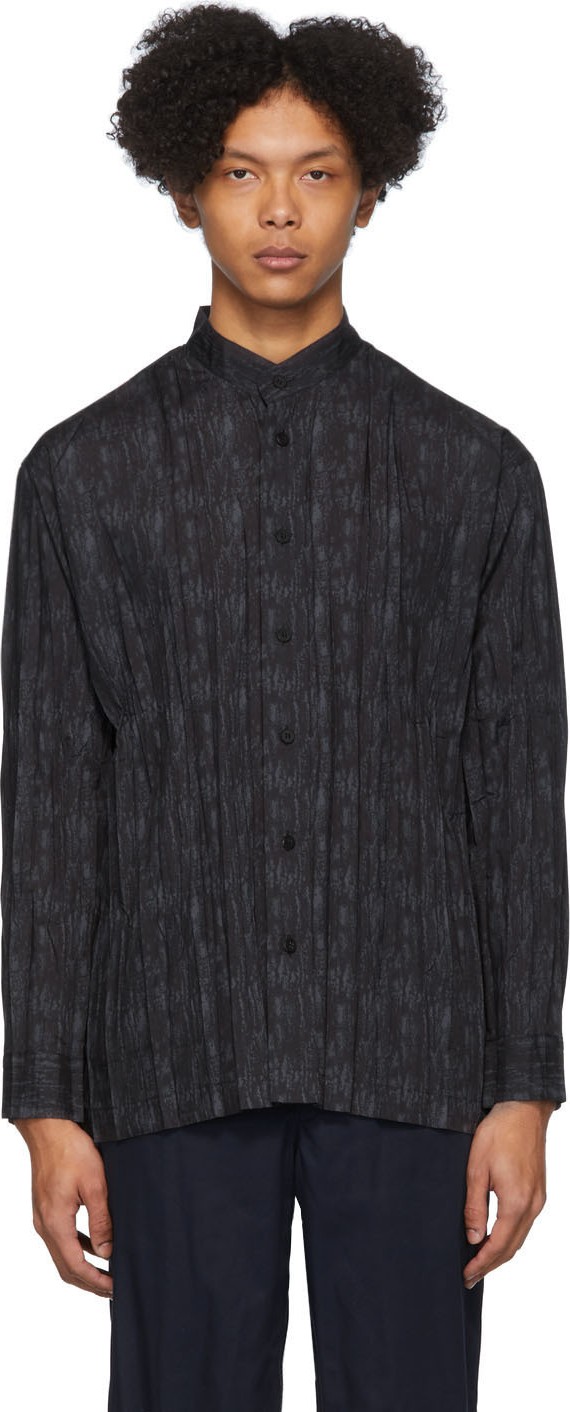 Issey Miyake Men Black & Grey Collarless Shirt