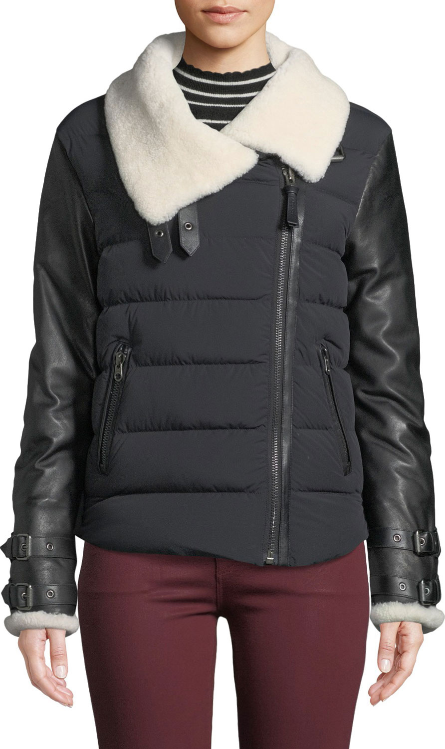 Mackage Jovie Quilted Puffer Moto Jacket w/ Sheepskin Fur