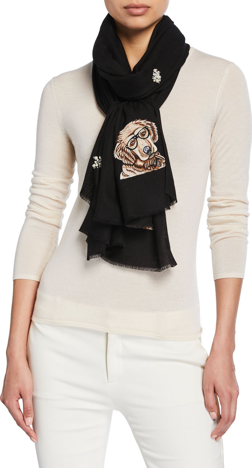 K Janavi Golden Retriever Embellished Cashmere-Blend Scarf