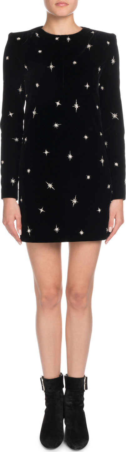 Saint Laurent Jewel-Neck Long-Sleeve Chemise Cocktail Dress w/ Star Embroidery