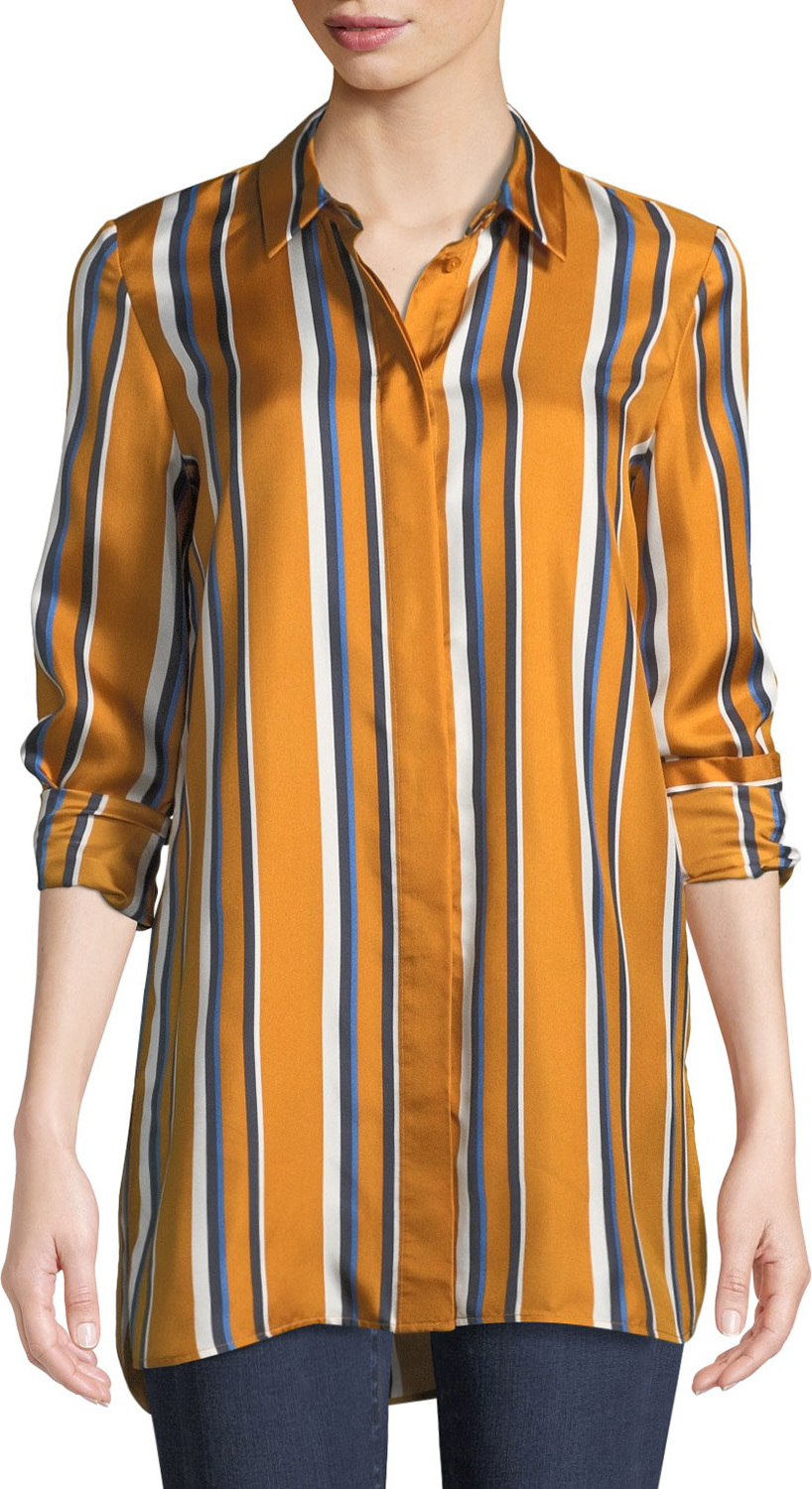 Lafayette 148 New York Barry Long-Sleeve Button-Front Striped Silk Blouse
