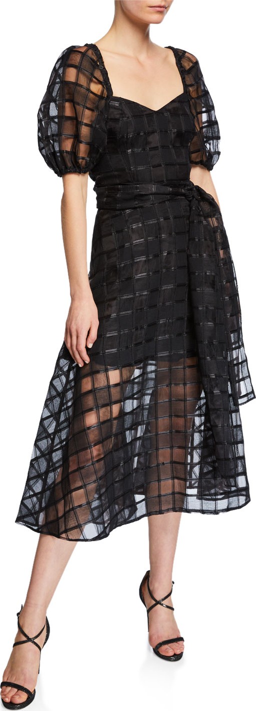 Talulah Checkmate Puff-Sleeve Illusion Midi Dress