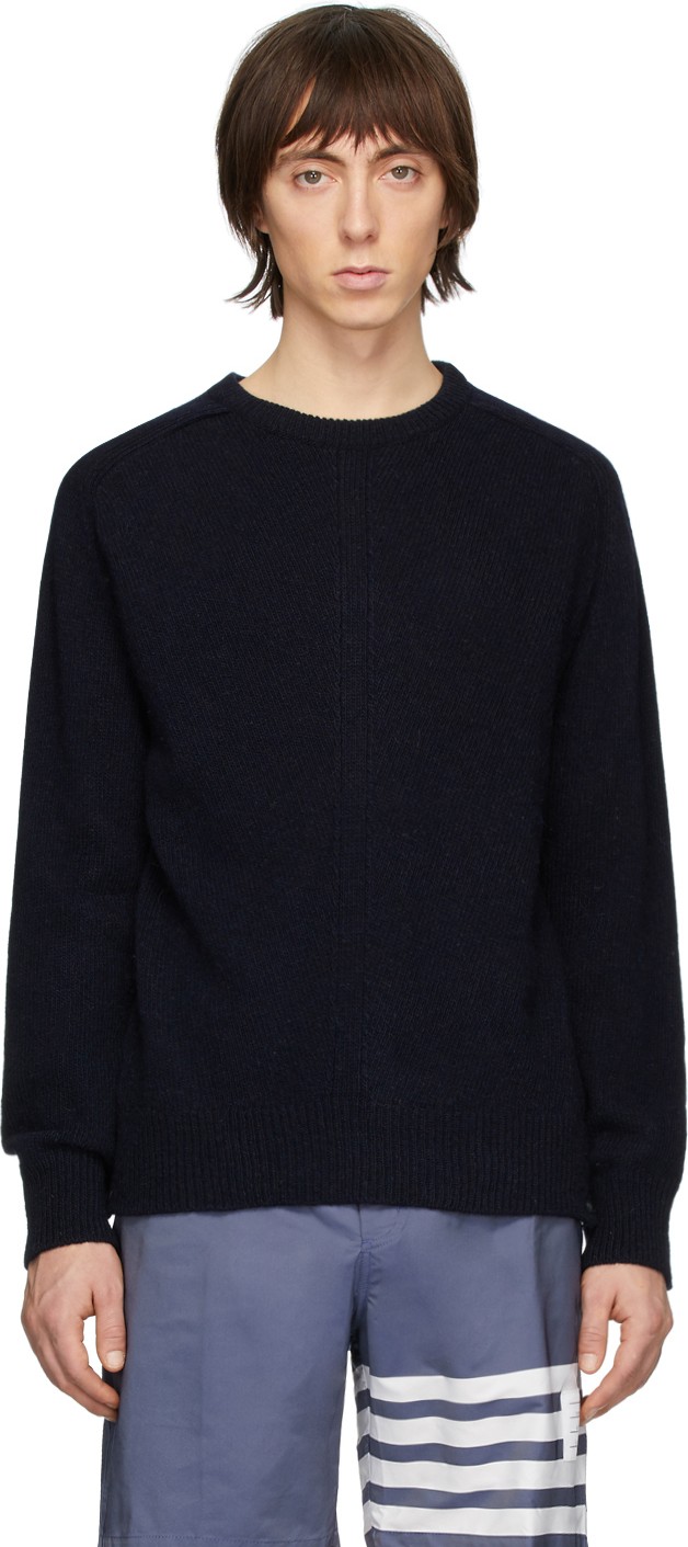 Thom Browne Navy Jersey Stitch Center-Back Stripe Sweater