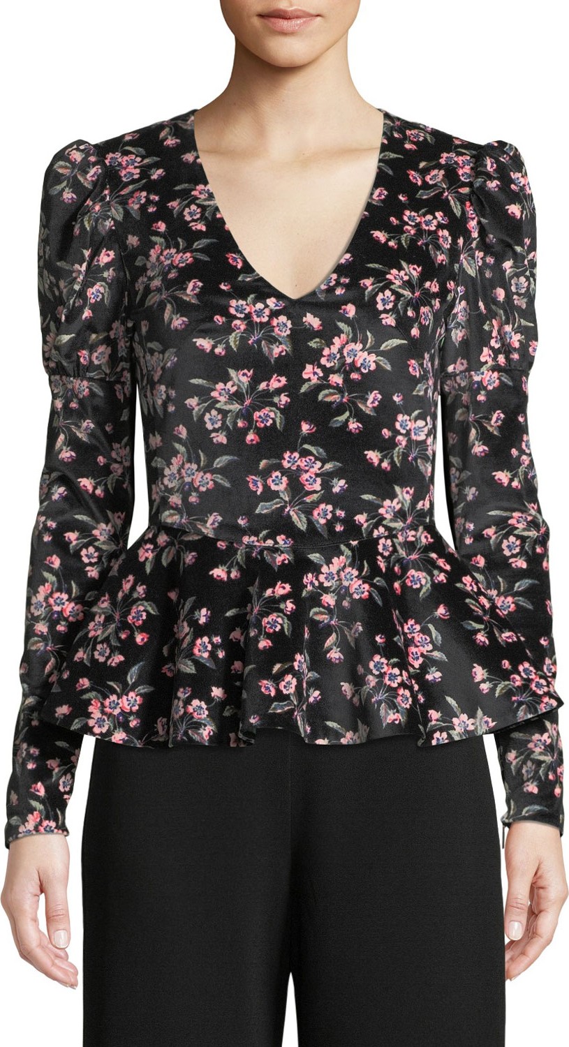 Rebecca Taylor Tilda Velvet Floral-Print Peplum Top