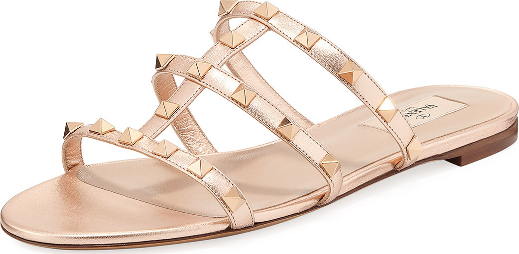 Valentino Rockstud Metallic City Flat Slide Sandal