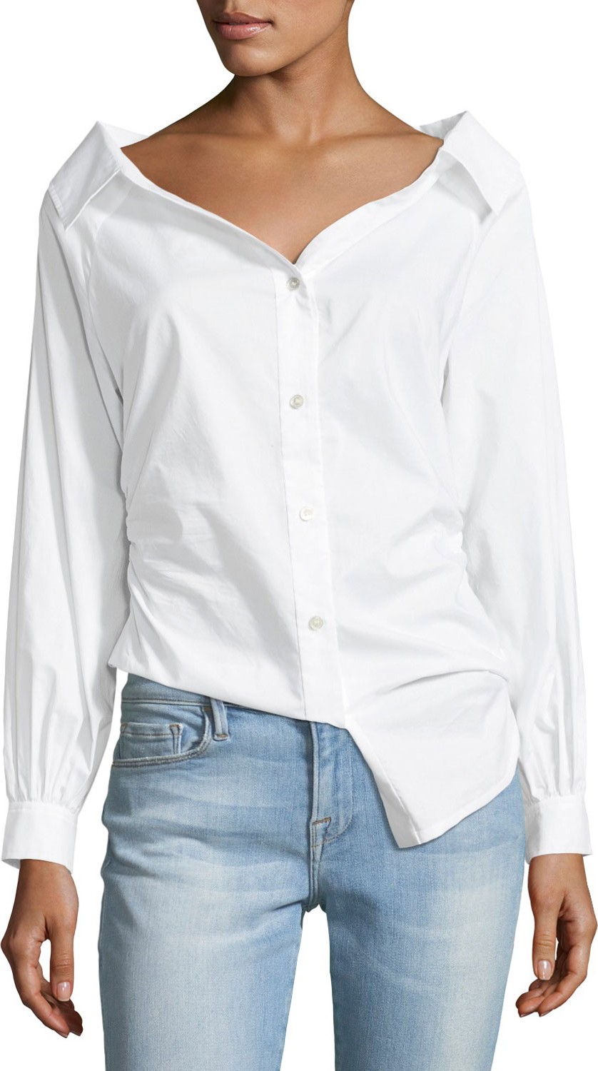 FRAME DENIM Bateau-Neck Button-Front Cinched Poplin Oxford Shirt