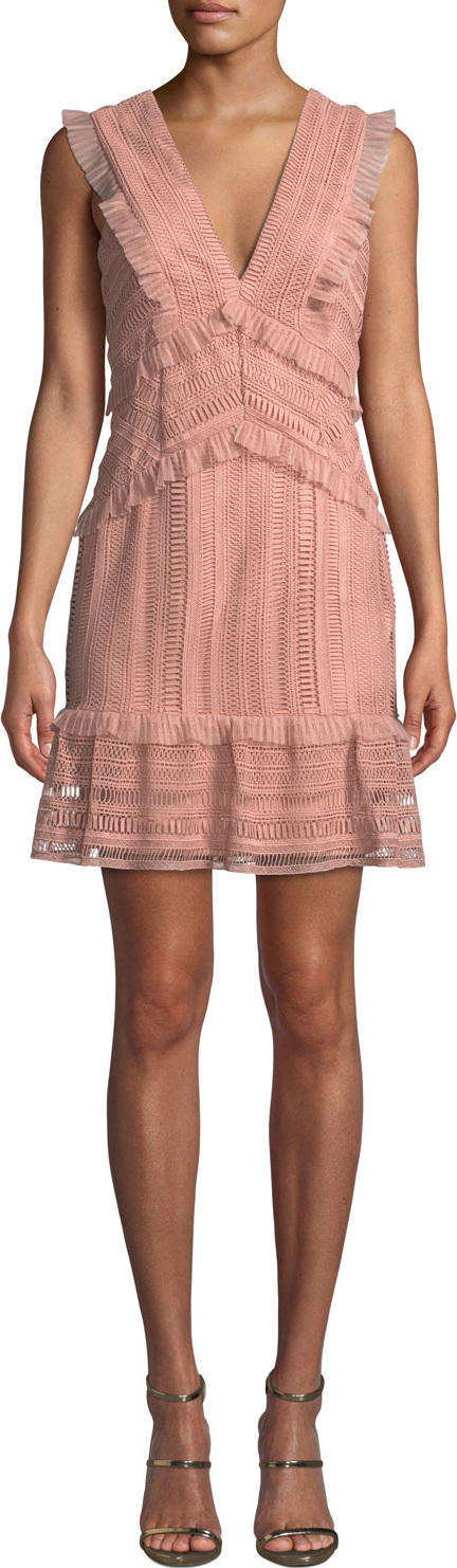 Bardot Kristen V-Neck Sleeveless Lace Dress w/ Ruffled Trim