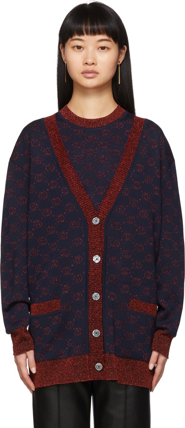 Gucci Navy & Red Lurex Interlocking G Cardigan