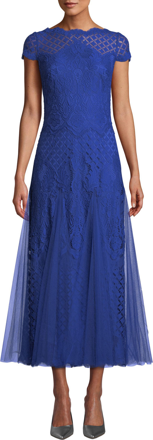 Tadashi Shoji Roone Tea-Length Dress w/ Tulle Skirt