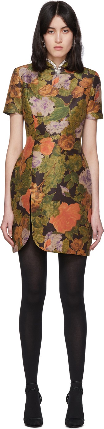 Richard Quinn Brown Floral & Crystal Short Dress