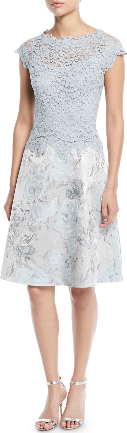 Rickie Freeman for Teri Jon Lace & Jacquard Short-Sleeve Cocktail Dress