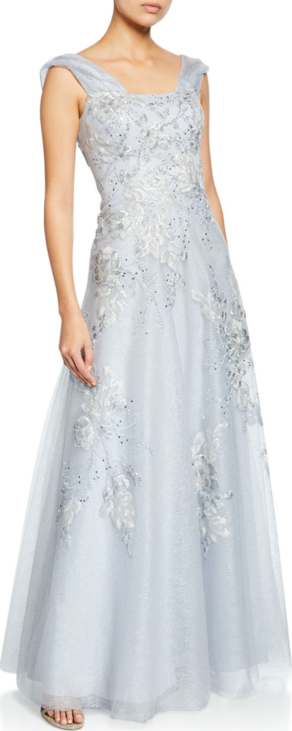 Rickie Freeman for Teri Jon Off-the-Shoulder Cap-Sleeve Beaded Tulle & Lace Metallic Gown