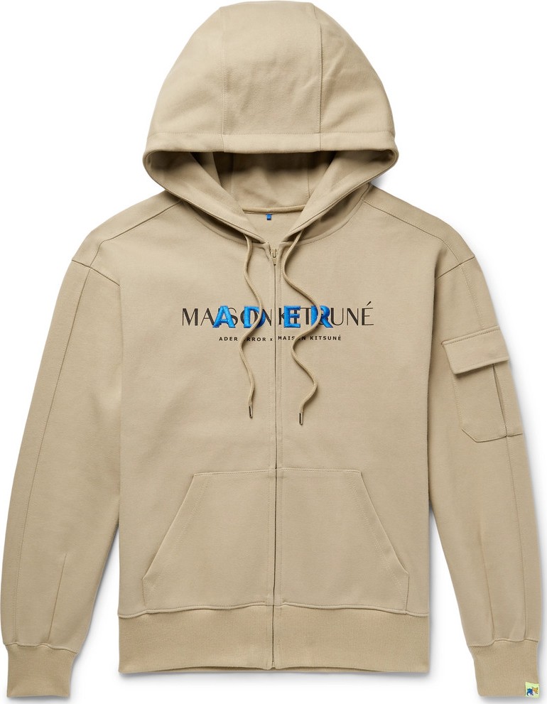 Maison Kitsune + ADER error Oversized Logo-Print Cotton-Blend Jersey Zip-Up Hoodie