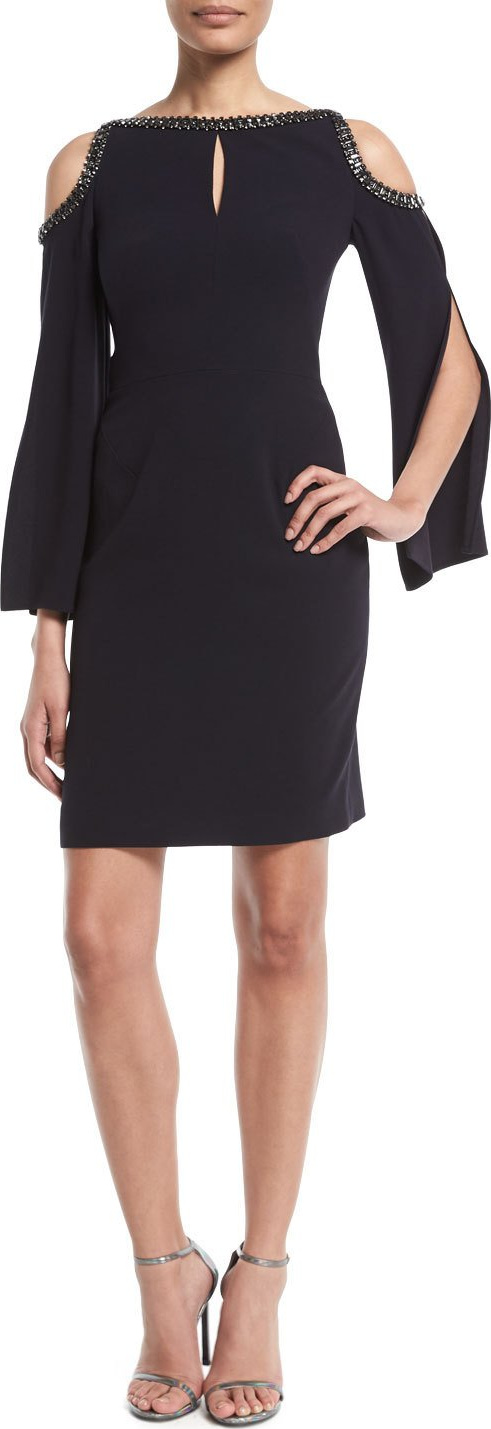 Jenny Packham Maya Cold-Shoulder Slit-Sleeve Cocktail Dress w/ Jewel Beading