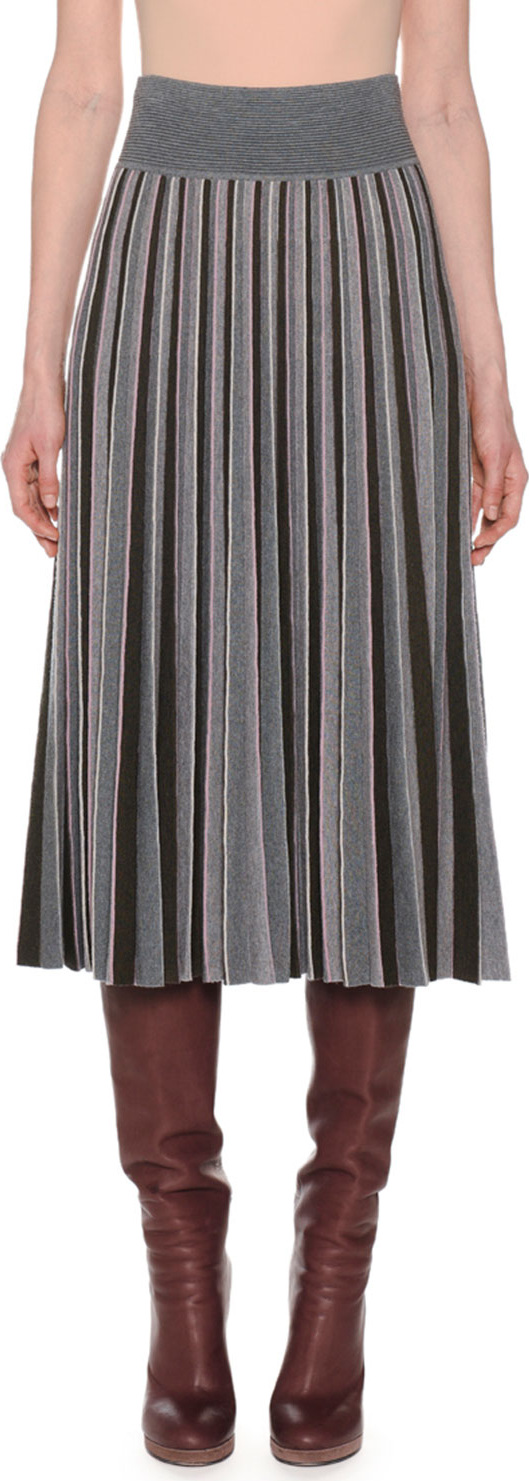 Agnona Pleated Multicolor Fine Merino Wool Pull-On Midi Skirt