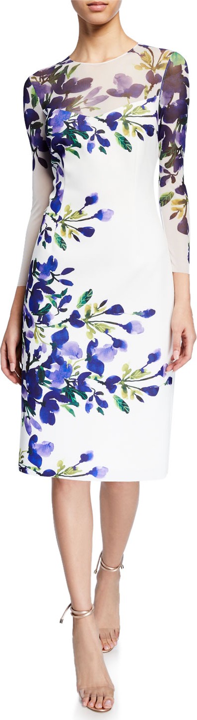 Rickie Freeman for Teri Jon Border-Print Mesh-Yoke 3/4-Sleeve Scuba Dress