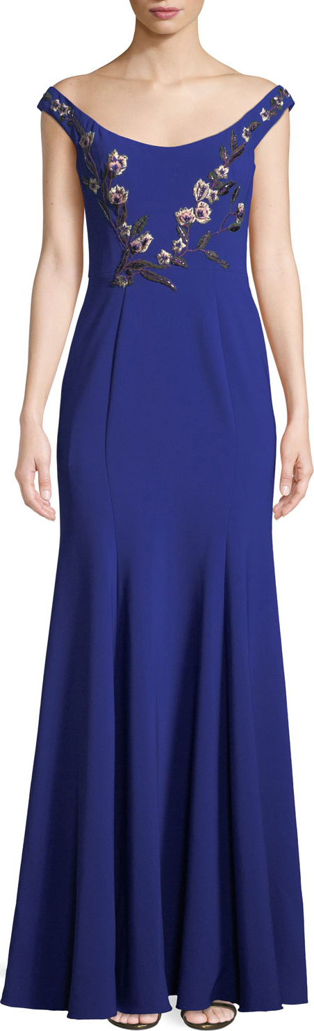 Marchesa Notte Stretch Crepe Off-the-Shoulder Gown