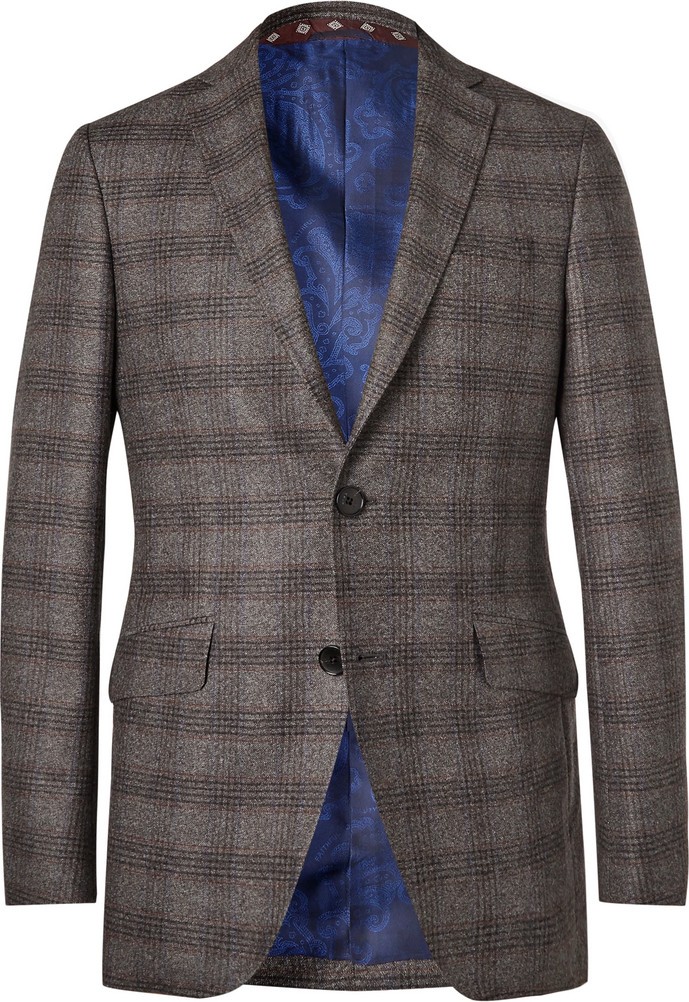 Etro Grey Slim-Fit Checked Wool Blazer