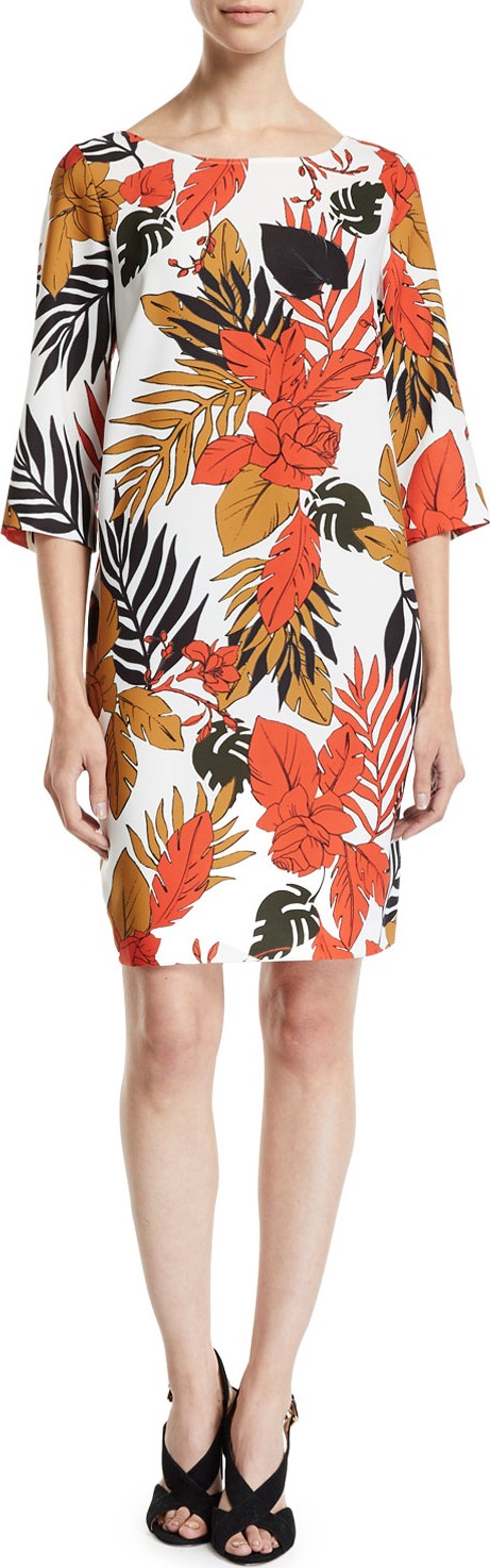 Fuzzi Boat-Neck 3/4-Sleeve Leaf-Print Italian Cady Dress