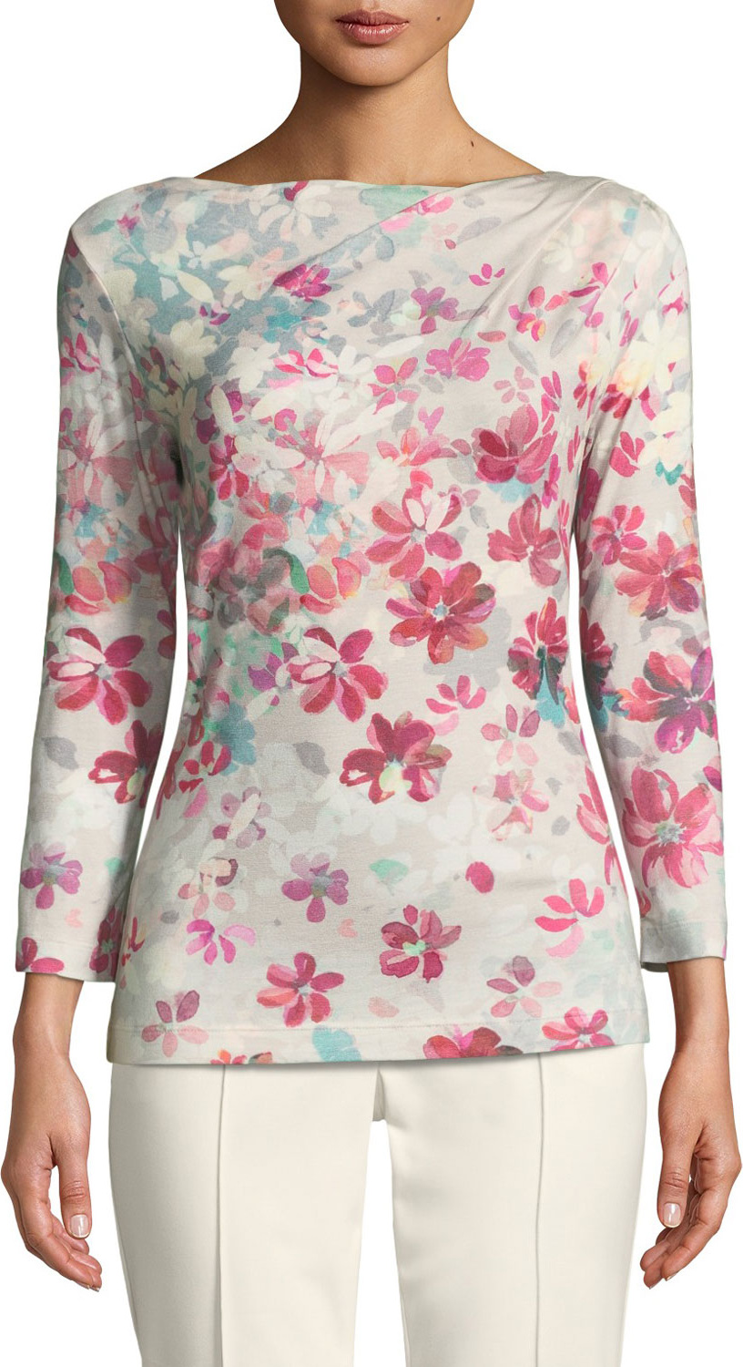 St. John 3/4-Sleeve Floral-Print Jersey