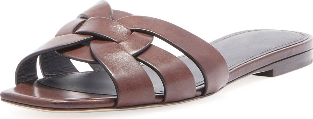 Saint Laurent Tribute Flat Leather Slide Sandal