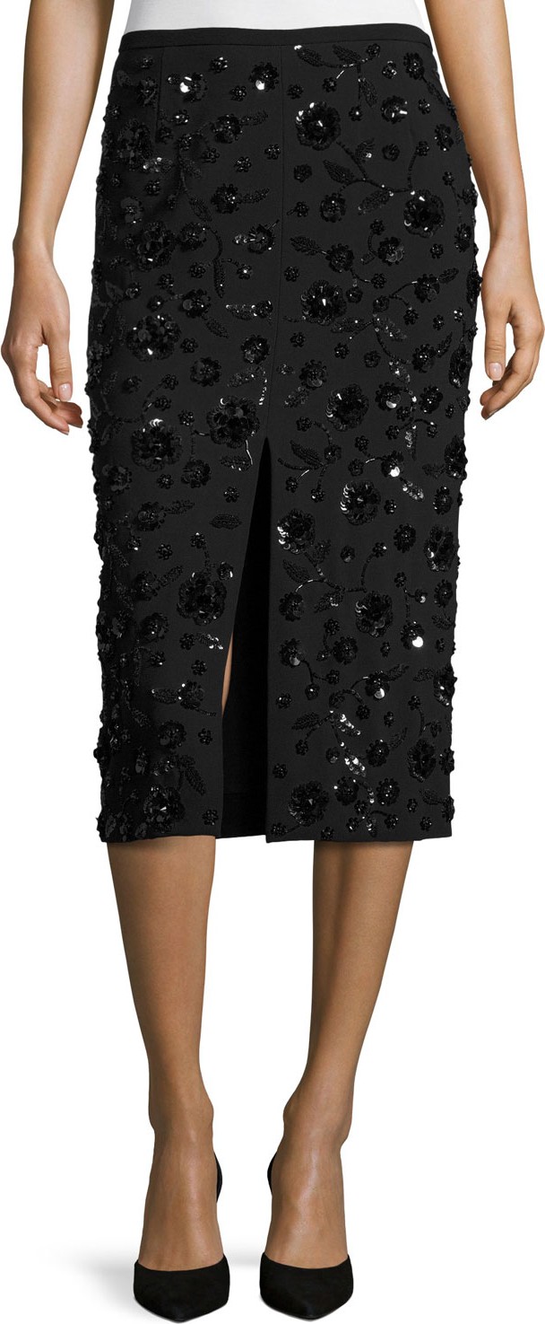 Michael Kors Collection Sequined-Floral Front-Slit Pencil Skirt, Black