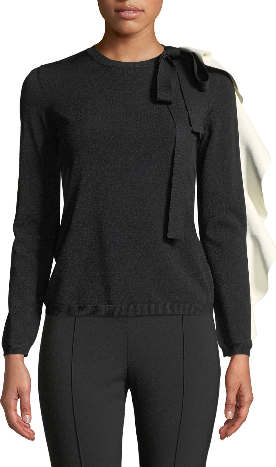 Valentino Crewneck Long-Sleeve Sweater w/ Contrast Ruffle