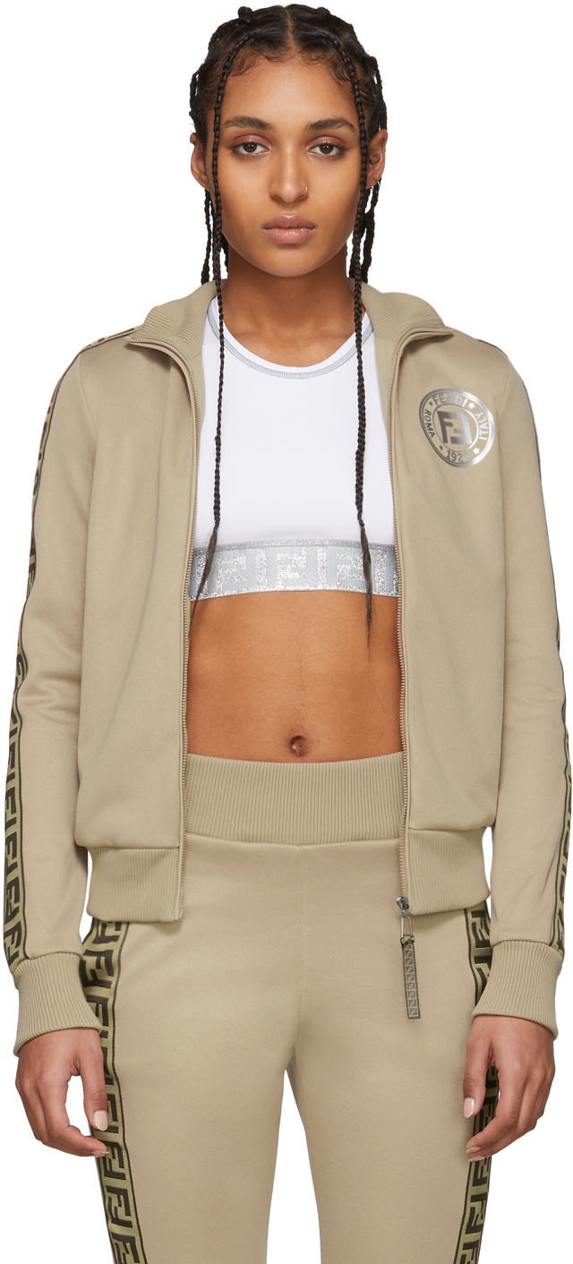 Fendi Beige 'Forever Fendi' Elastic Band Zip-Up Sweater
