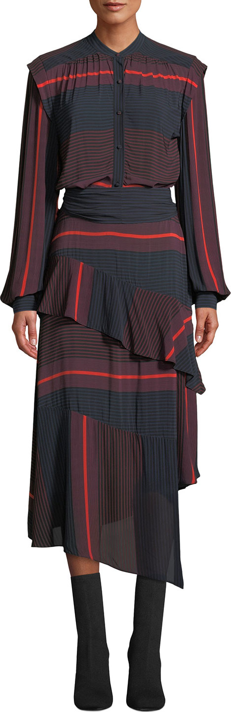 Joie Roz Striped Long-Sleeve Ruffle Dress