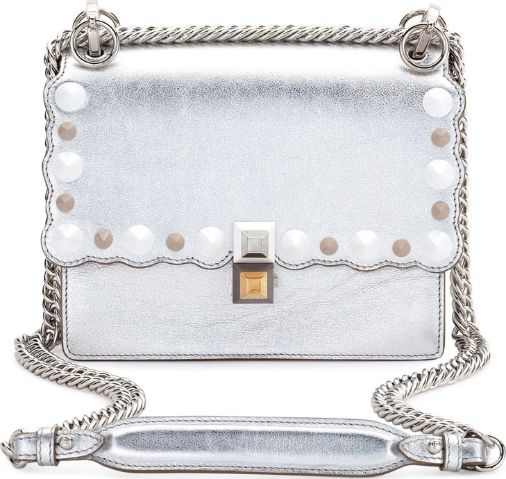 Fendi Kan I Mini Scalloped Studded Chain Shoulder Bag, Gray