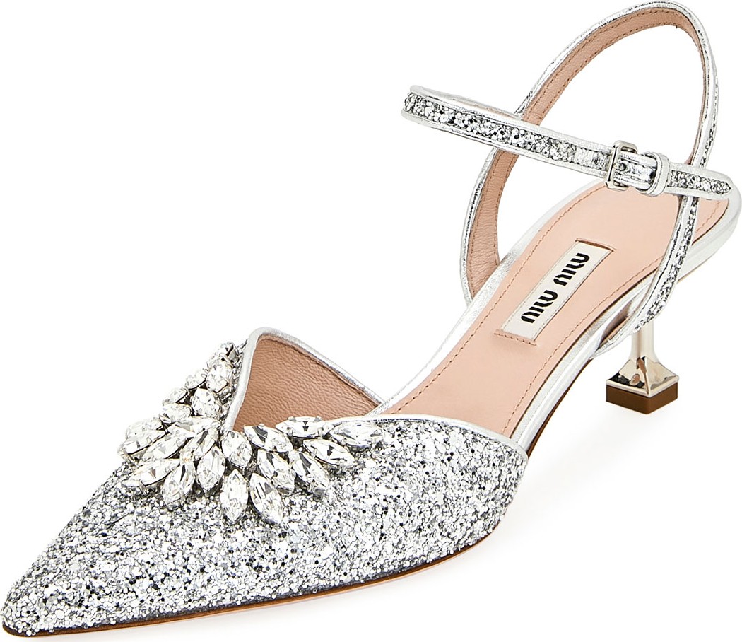 Miu Miu Embellished Glittered Leather Pumps