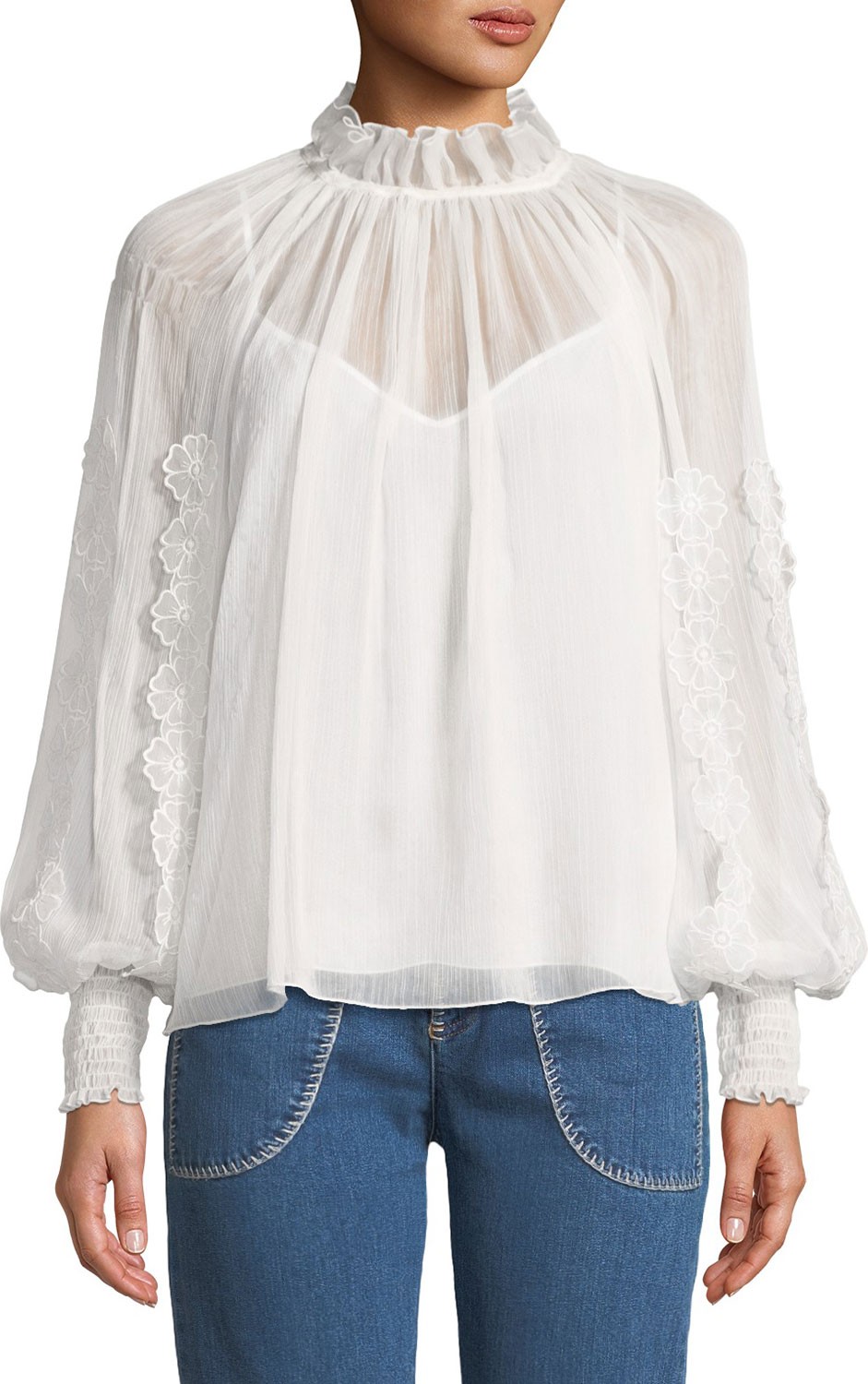 See By Chloé V-Neck Floral Cutout Long-Sleeve Blouse
