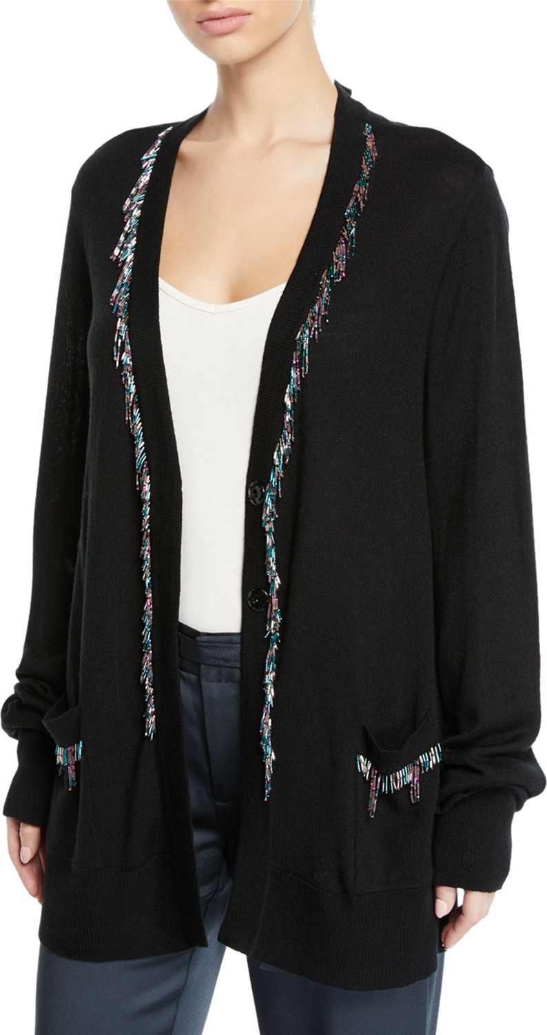 Nanette Lepore Mardi Gras Button-Front Duster Cardigan w/ Beaded Fringe Trim
