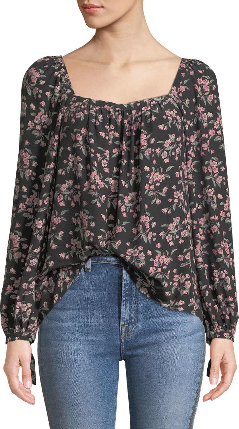 Rebecca Taylor Tilda Floral Shirred Long-Sleeve Charmeuse Top
