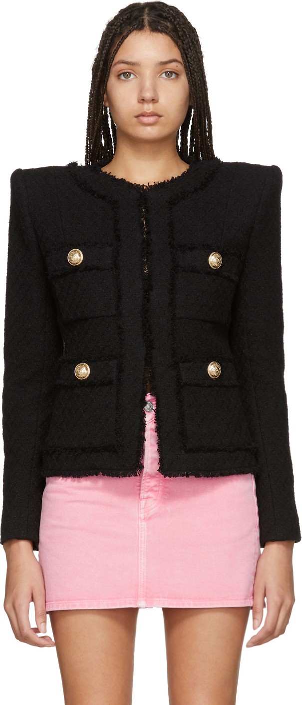 Balmain Black Collarless Tweed Jacket