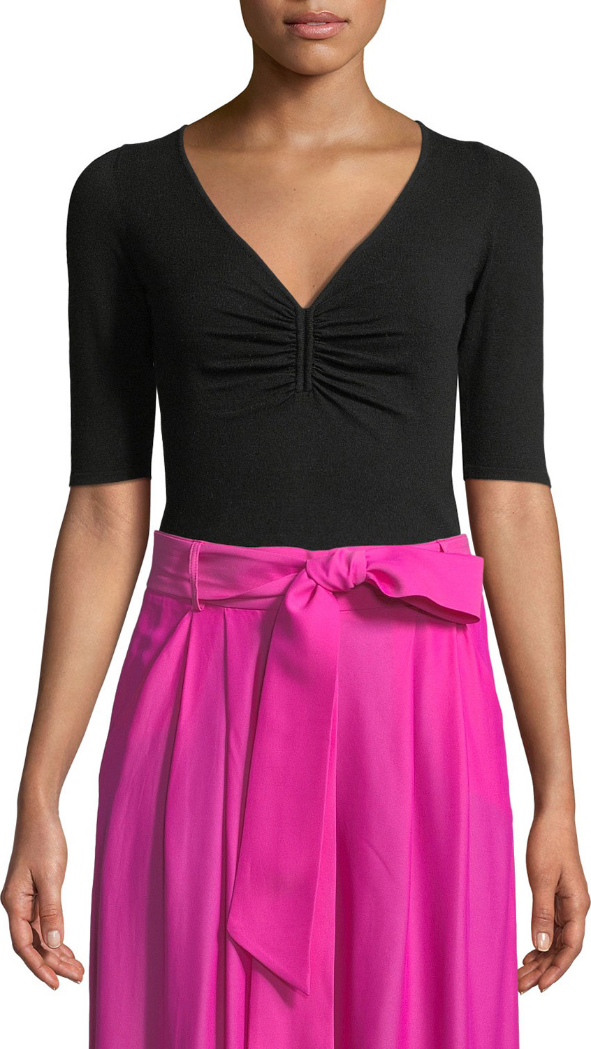 MILLY Shirred Half-Sleeve V-Neck Top