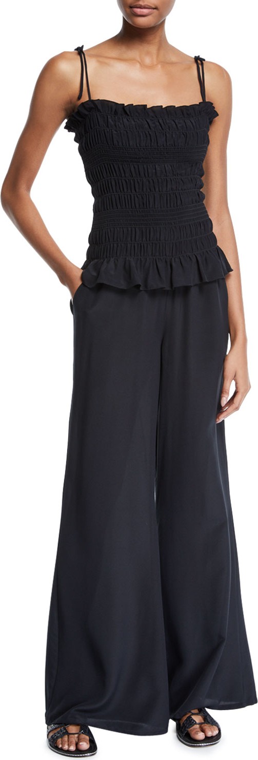 Tory Burch Cone Sizeta Smocked Wide-Leg Silk Coverup Jumpsuit