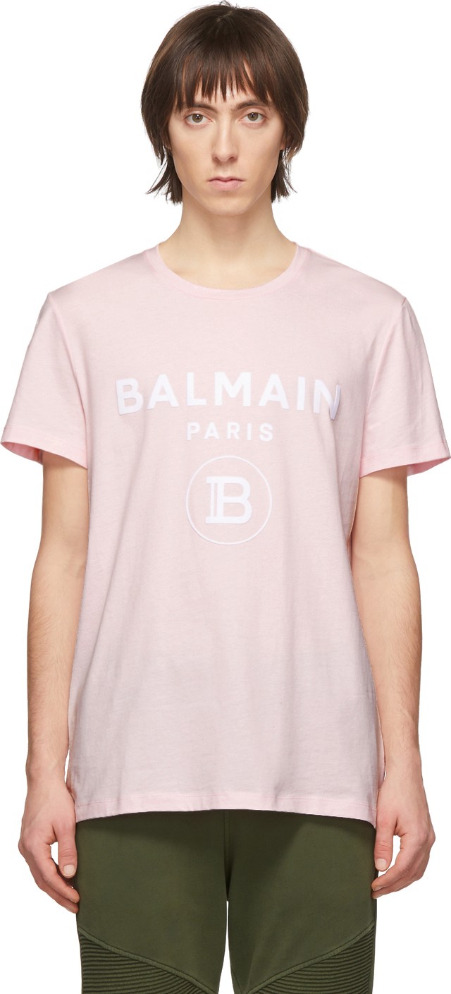 Balmain Pink Flocked Logo T-Shirt