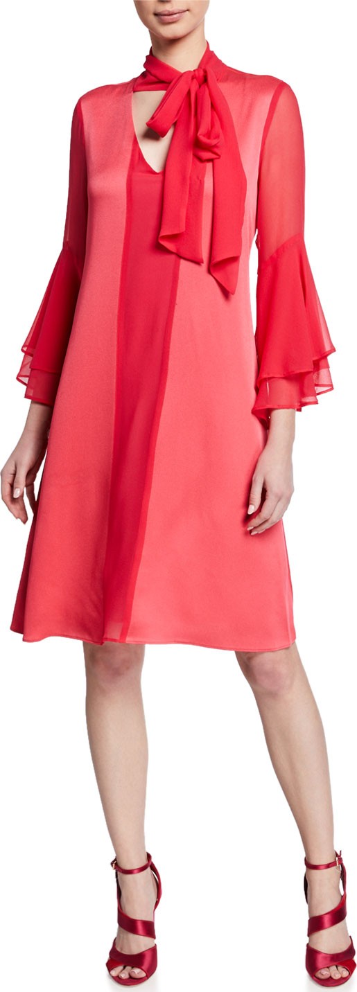 Rickie Freeman for Teri Jon V-Neck Trumpet-Sleeve Satin Dress with Chiffon Sash