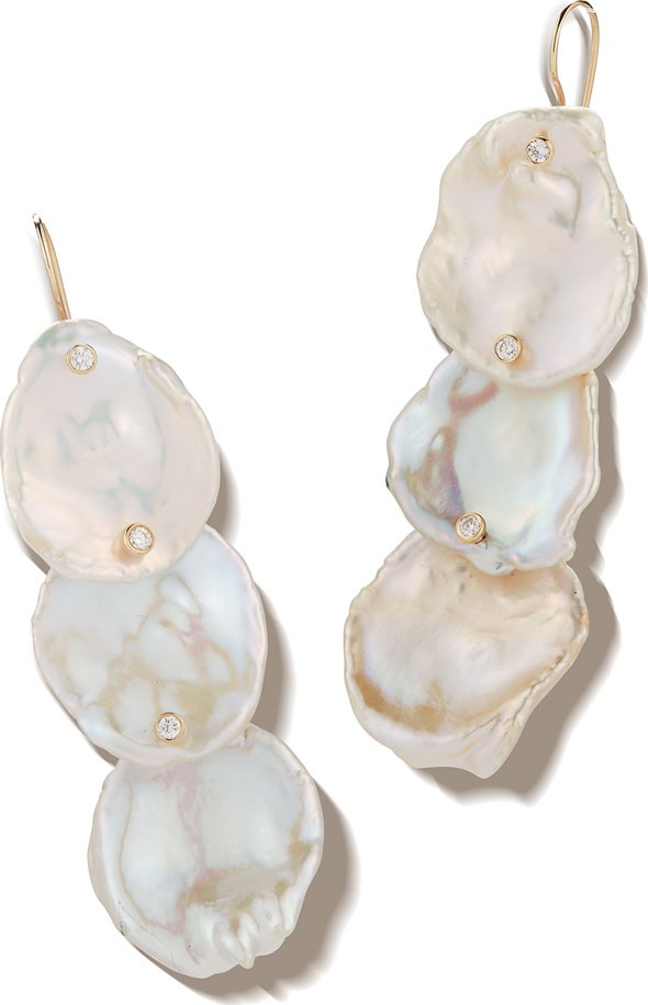Mizuki 14k Triple Petal Pearl & Diamond Drop Earrings
