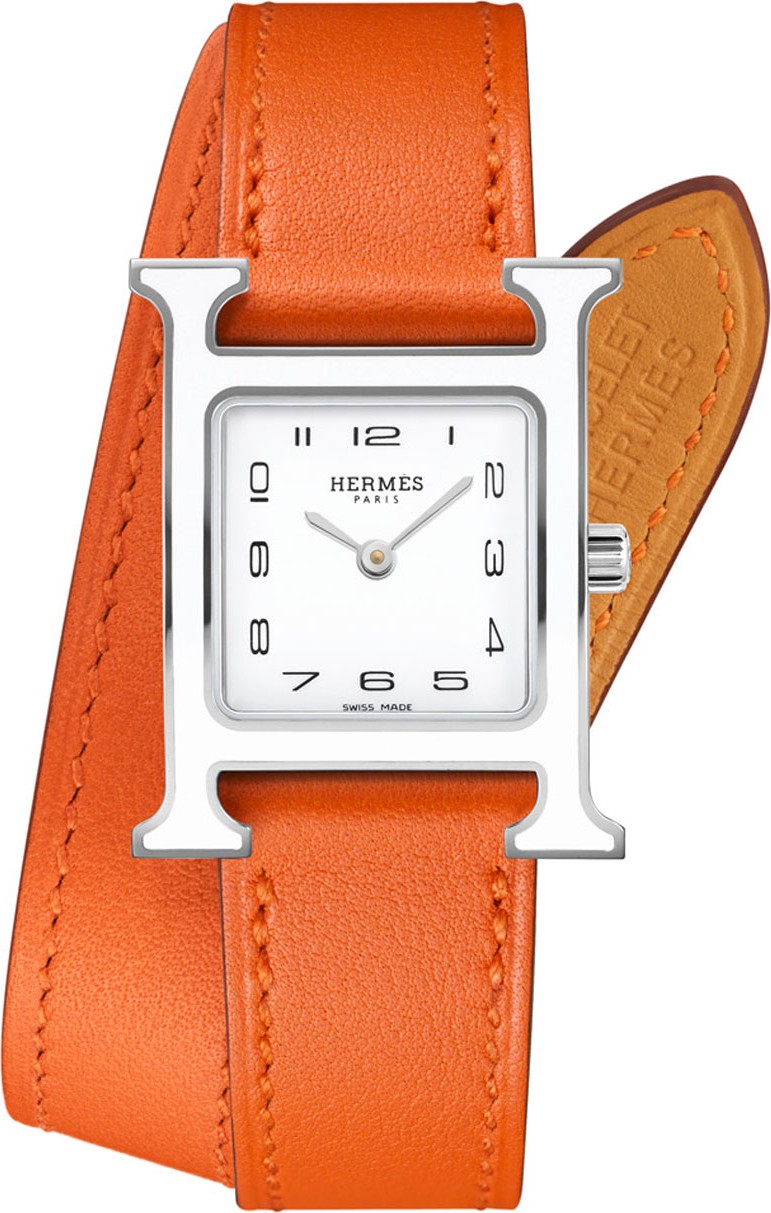 HERMÈS Heure H PM Watch with Orange Leather Strap
