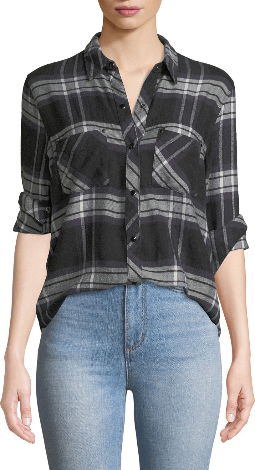RAILS Leo Plaid Raw-Edge Button-Down Top