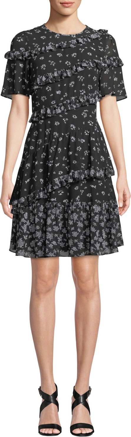 MICHAEL MICHAEL KORS Floral-Print Jewel-Neck Short-Sleeve Ruffle Dress