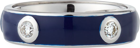Adolfo Courrier Blue Enamel Band Ring with White Diamonds, Size 7