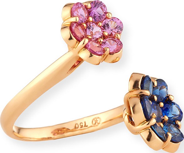 Bayco 18K Rose Gold Flower Bypass Ring with Pink & Blue Sapphires, Size 5.5
