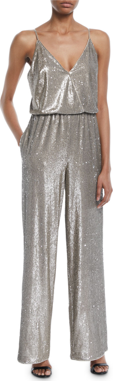 Aidan Mattox Sequin Spaghetti-Strap Blouson Jumpsuit