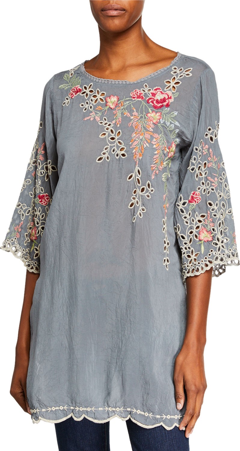 Johnny Was Belina Floral-Embroidered Georgette Tunic w/ Eyelet Detail